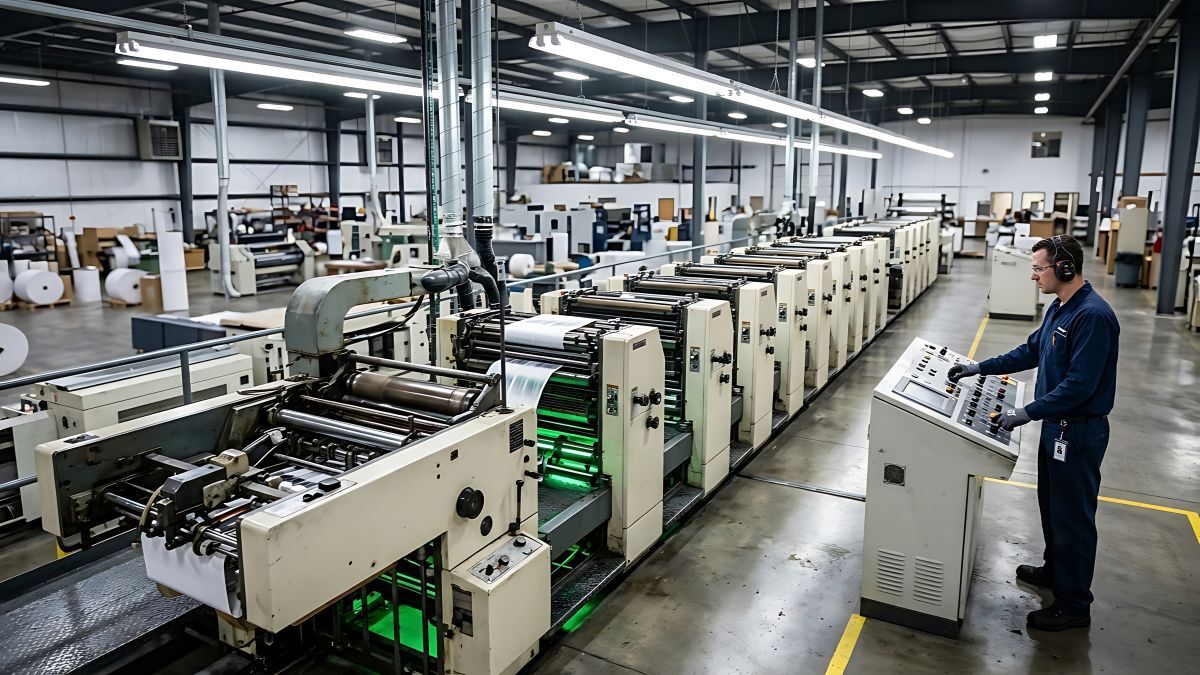 Industrial printing press operating in a manufacturing facility.